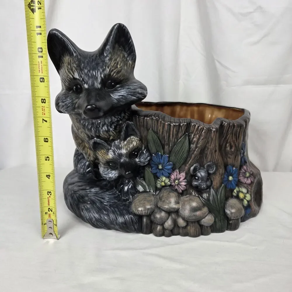 Vintage Woodland Fox & Kit Tree Stump Planter Ceramic Pot Decorative Art